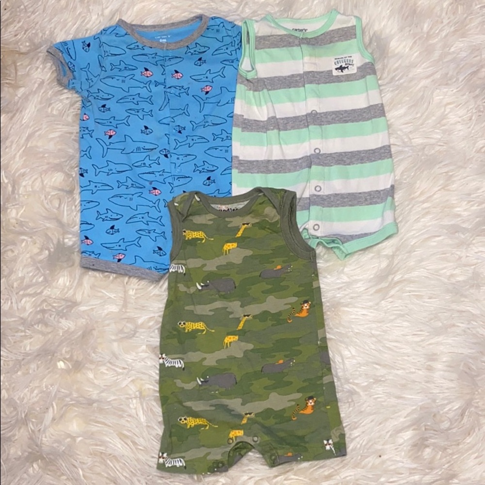 Boys 6-9 month romper onesie set Shark + Camo